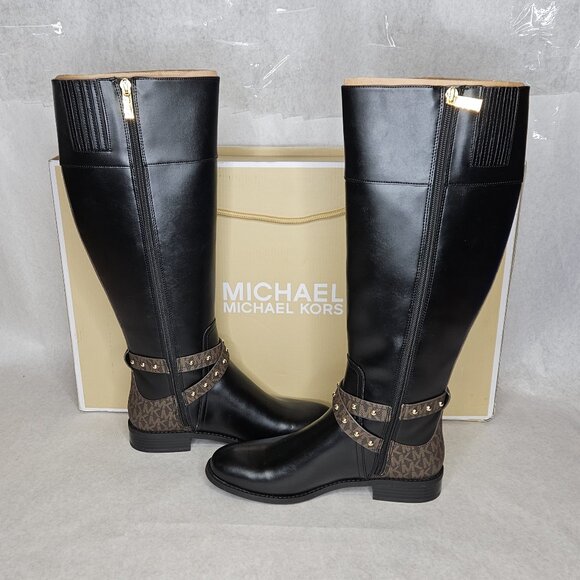 Michael Kors Black & Brown Monogram Faux Leather Kincaid Riding Boot Size 8 - Picture 1 of 16